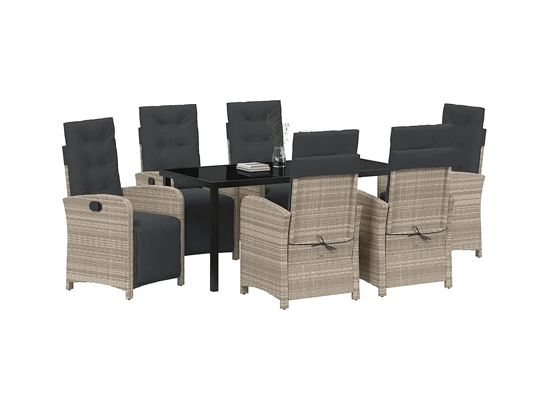 Ensemble de salle à manger de jardin 7 pièces avec coussins en poly rotin gris clair