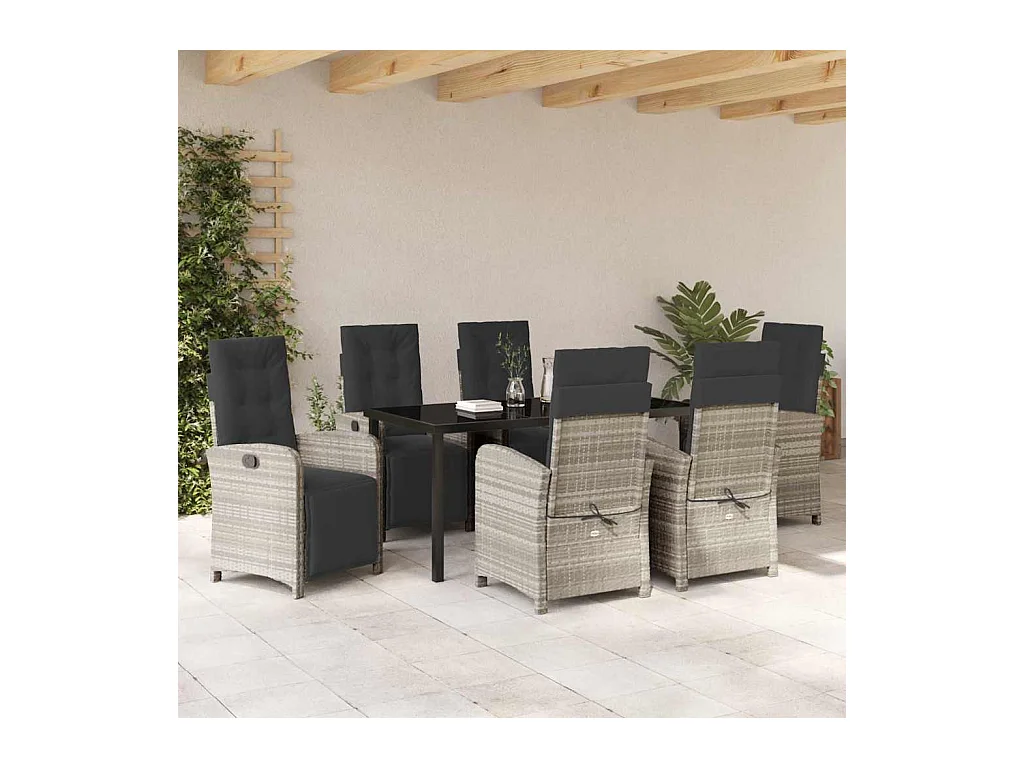 Ensemble de salle à manger de jardin 7 pièces avec coussins en poly rotin gris clair