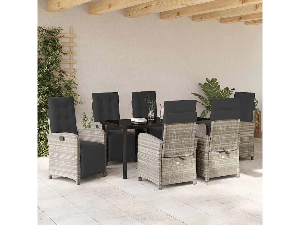 Ensemble de salle à manger de jardin 7 pièces avec coussins en poly rotin gris clair