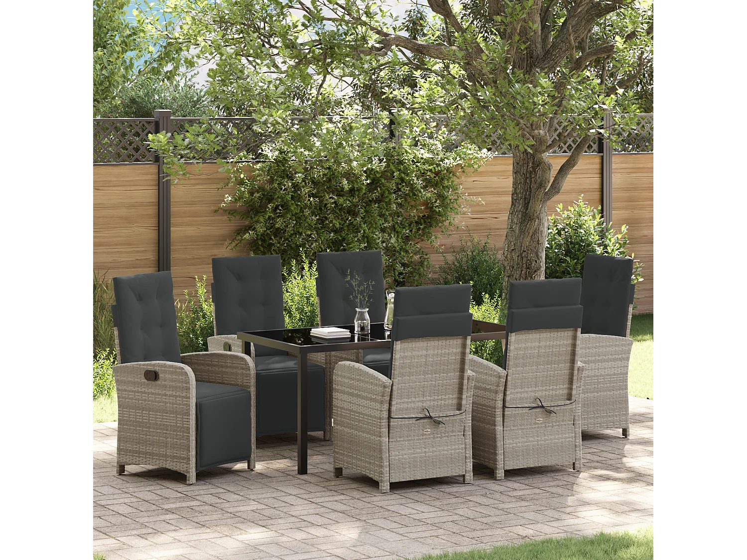 Ensemble de salle à manger de jardin 7 pièces avec coussins en poly rotin gris clair