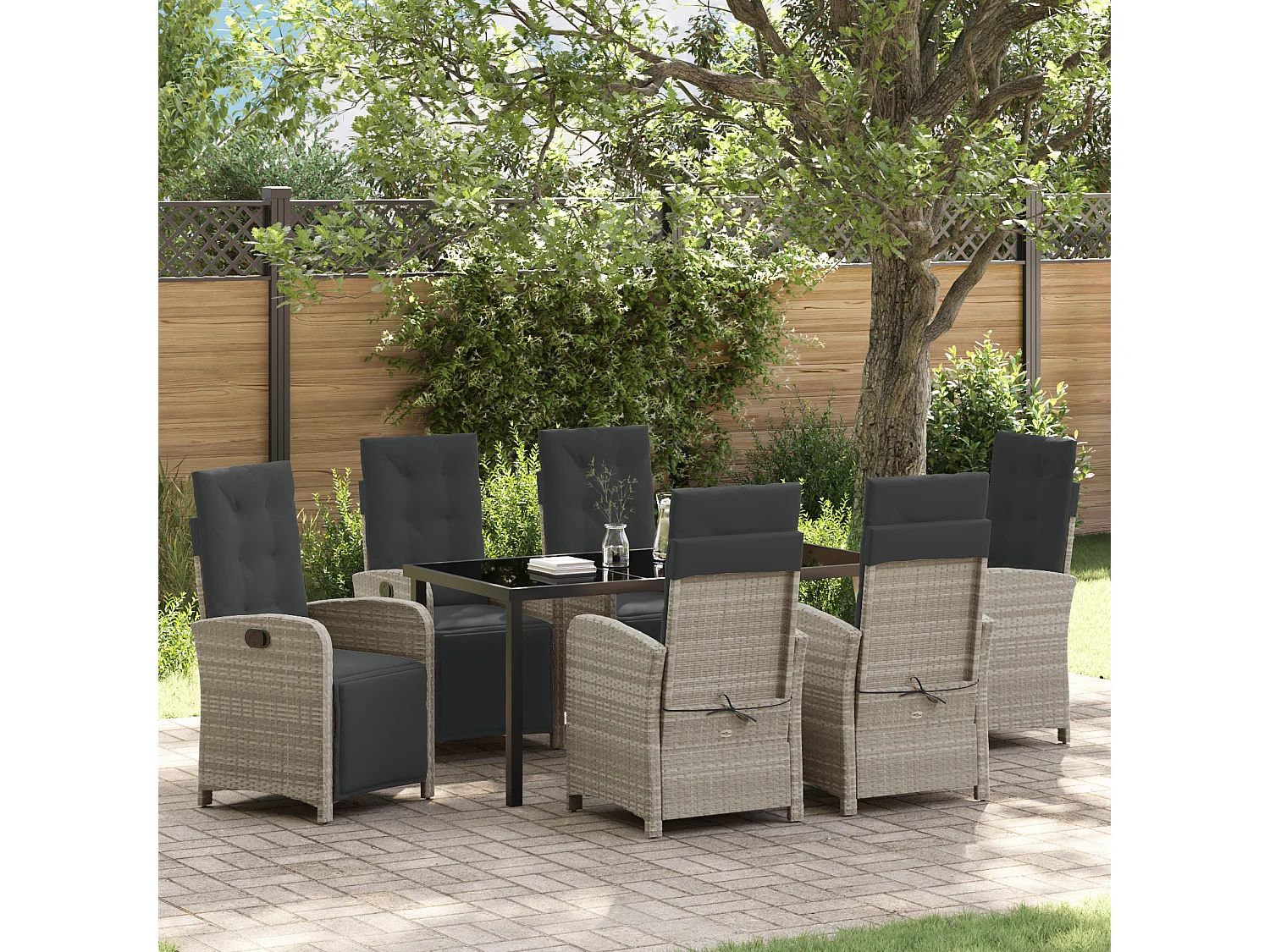 Ensemble de salle à manger de jardin 7 pièces avec coussins en poly rotin gris clair