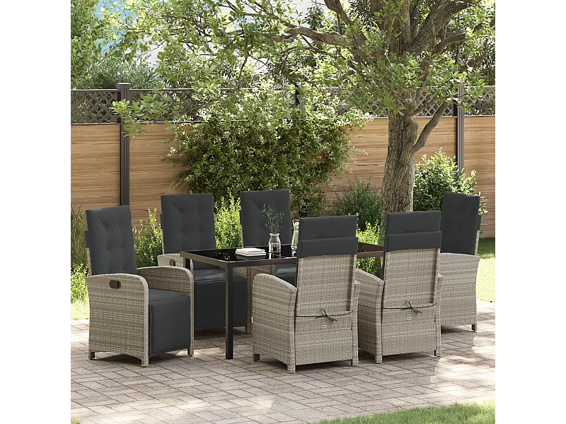 7-teiliges Garten-Essset mit Kissen aus hellgrauem Polyrattan