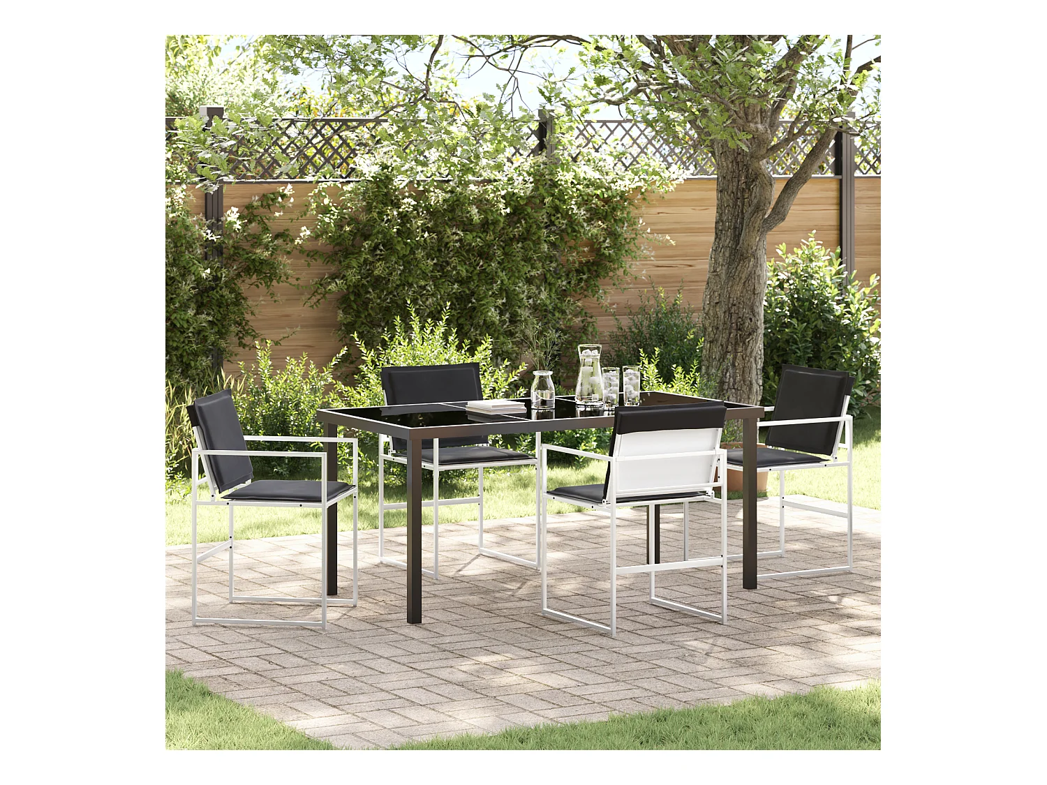 Conjunto de comedor de jardín de 5 piezas con textilene blanco y cojines de acero