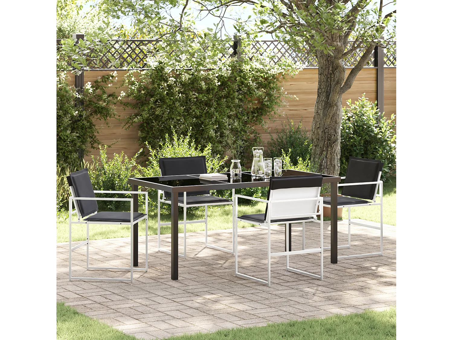 Ensemble de salle à manger de jardin 5 pièces avec coussins en Textilène blanc et acier