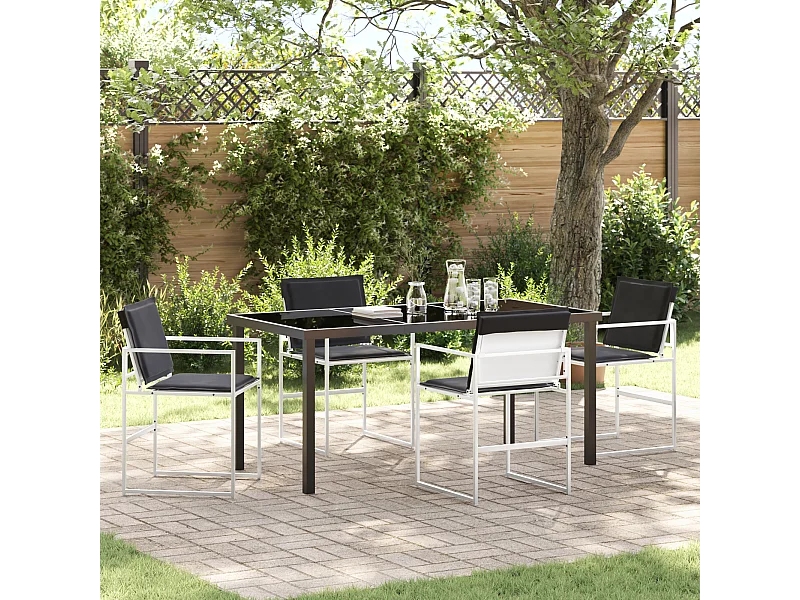 5-teiliges Garten-Essset mit weißen Textilene- und Stahlkissen