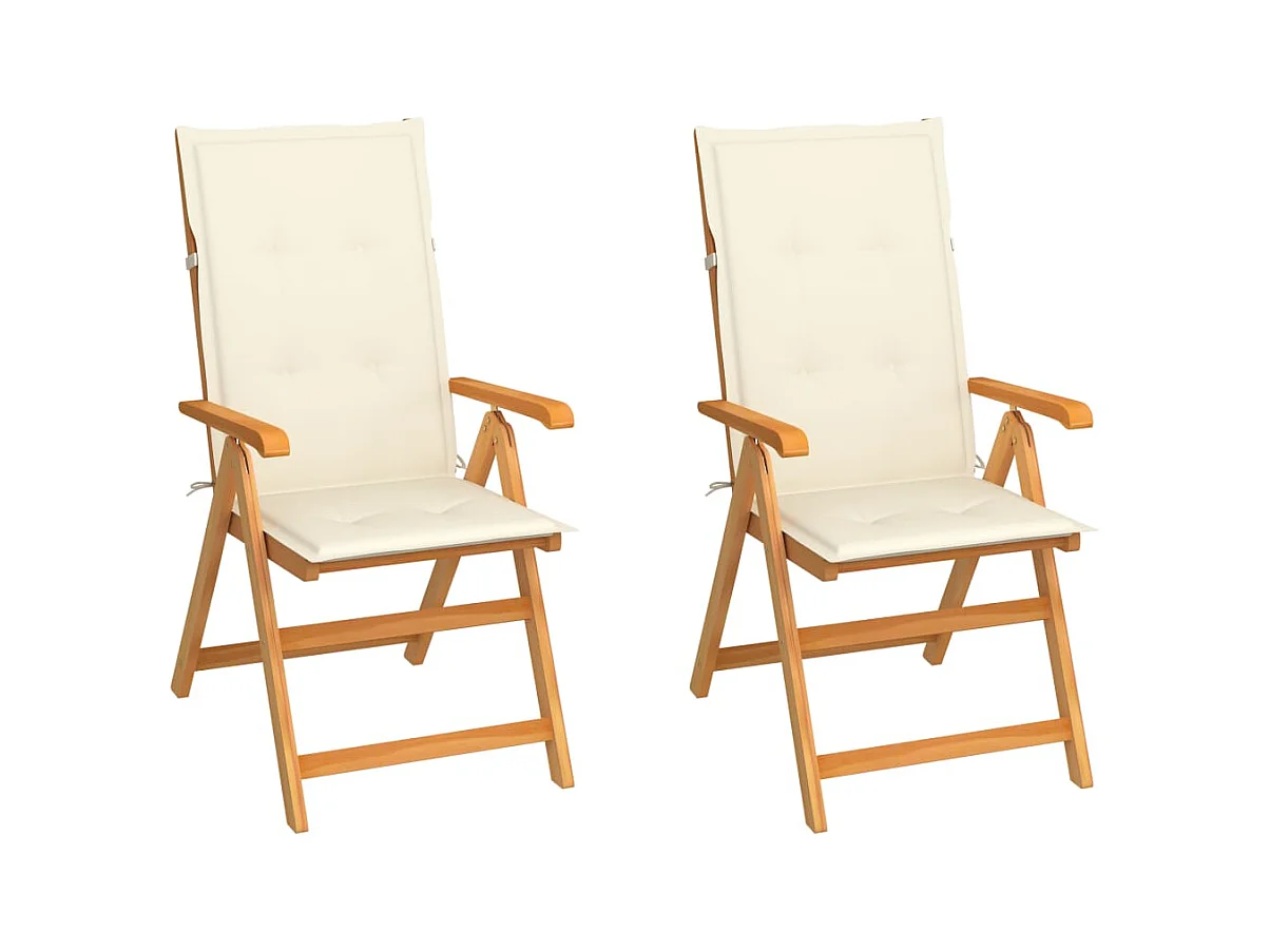 Set di 2 sedie da giardino e cuscini color crema in legno massello di teak