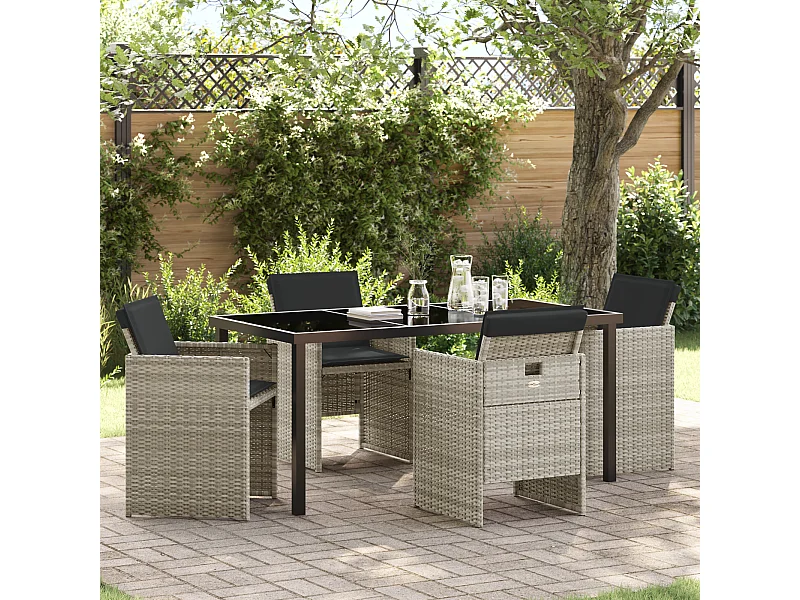 Set da pranzo da giardino 5 pezzi con cuscini grigio chiaro in polyrattan