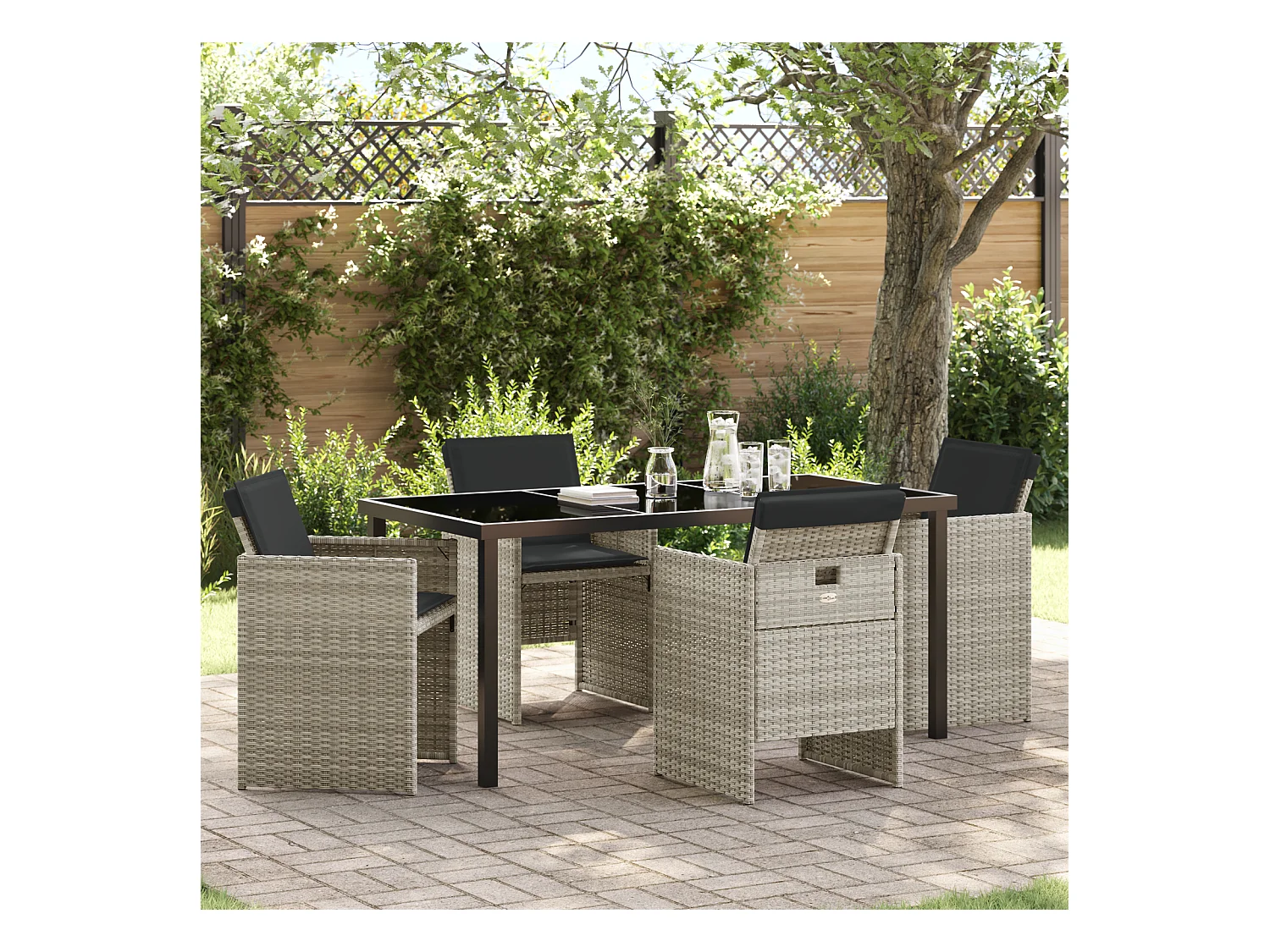 Set da pranzo da giardino 5 pezzi con cuscini grigio chiaro in polyrattan