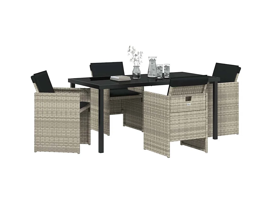 Set da pranzo da giardino 5 pezzi con cuscini grigio chiaro in polyrattan