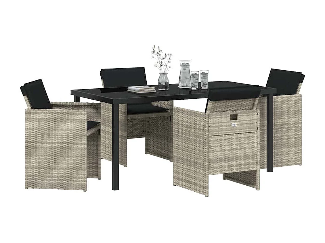 Ensemble de salle à manger de jardin 5 pièces avec coussins gris clair en poly rotin