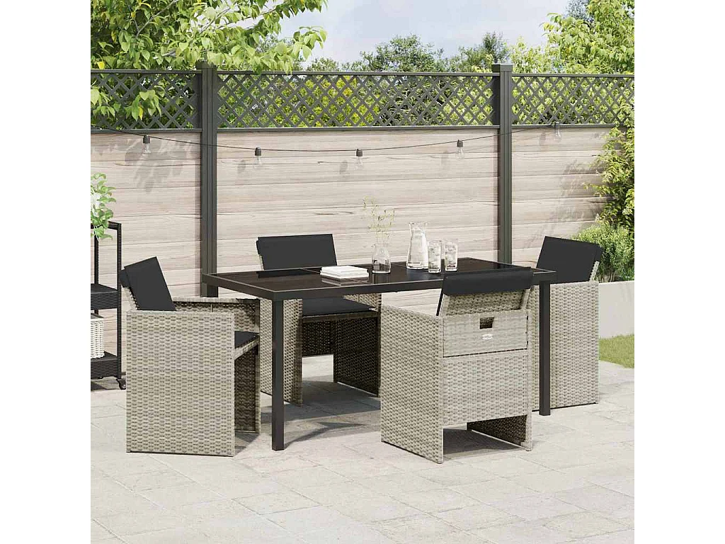 Ensemble de salle à manger de jardin 5 pièces avec coussins gris clair en poly rotin