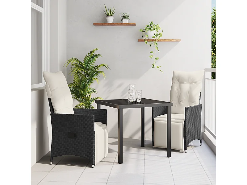 Ensemble de salle à manger de jardin 3 pièces avec coussins en poly rattan noir