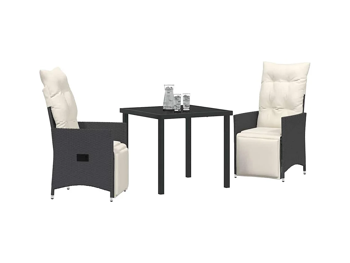 Set da pranzo da giardino 3 pezzi con cuscini in polyrattan nero
