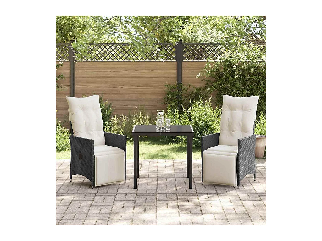 Set da pranzo da giardino 3 pezzi con cuscini in polyrattan nero