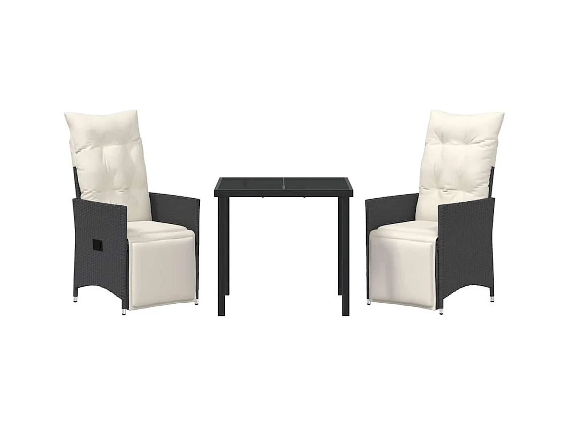 Set da pranzo da giardino 3 pezzi con cuscini in polyrattan nero