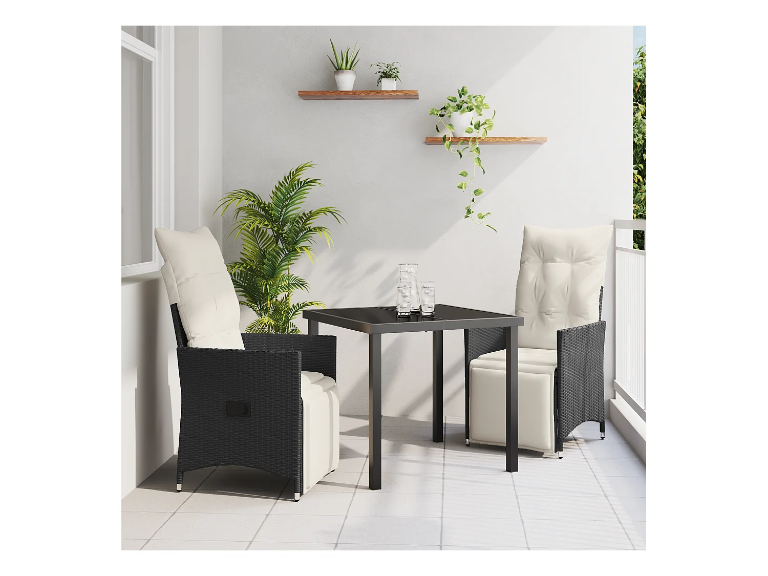Ensemble de salle à manger de jardin 3 pièces avec coussins en poly rattan noir