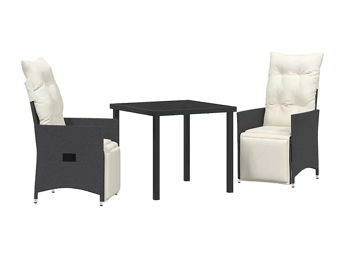 Ensemble de salle à manger de jardin 3 pièces avec coussins en poly rattan noir