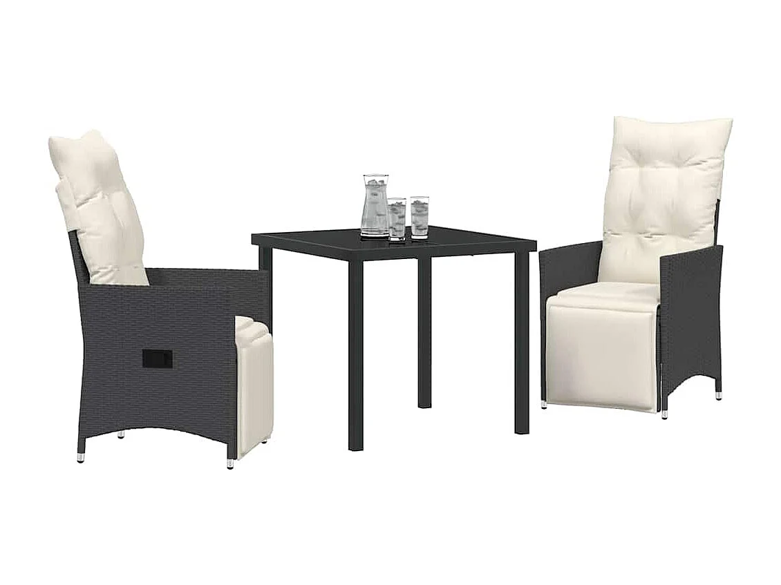 Ensemble de salle à manger de jardin 3 pièces avec coussins en poly rattan noir