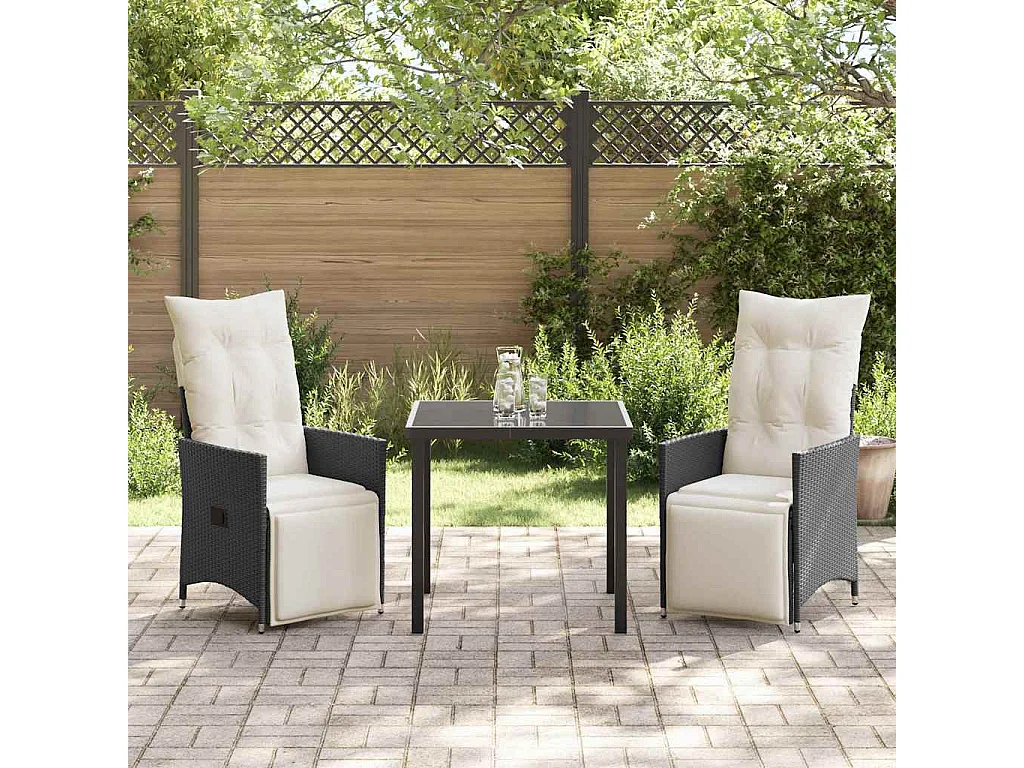 Ensemble de salle à manger de jardin 3 pièces avec coussins en poly rattan noir