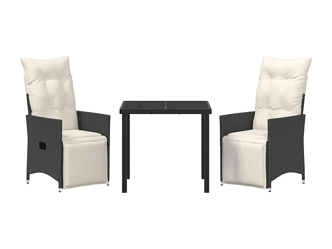 Ensemble de salle à manger de jardin 3 pièces avec coussins en poly rattan noir