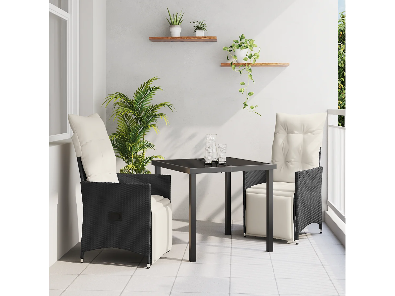 Ensemble de salle à manger de jardin 3 pièces avec coussins en poly rattan noir