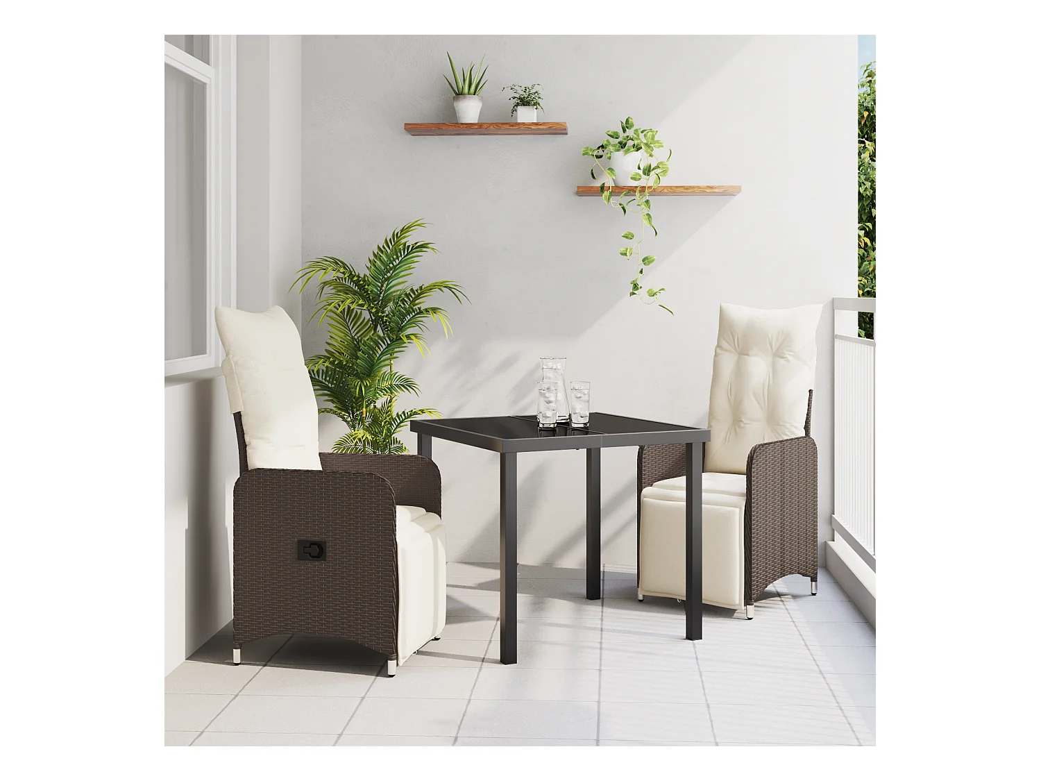 Set de salle à manger de jardin 3 pièces avec coussins marron en poly rotin