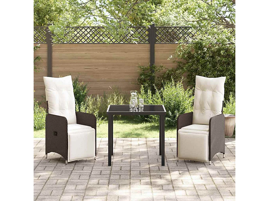 Set de salle à manger de jardin 3 pièces avec coussins marron en poly rotin