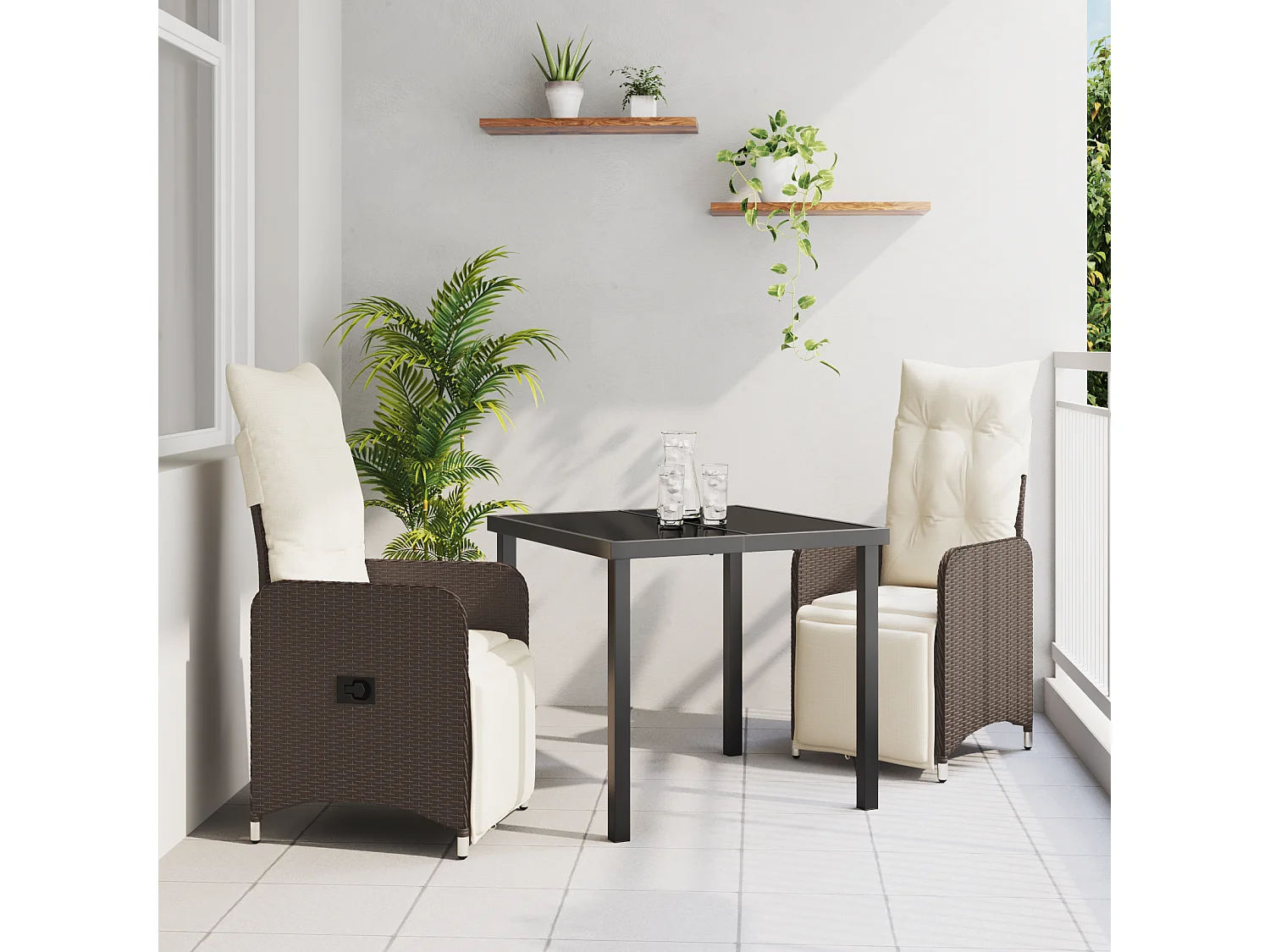 Set da pranzo da giardino 3 pezzi con cuscini marroni in polyrattan