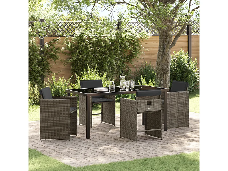 Set da pranzo da giardino 5 pezzi con cuscini grigi in polyrattan