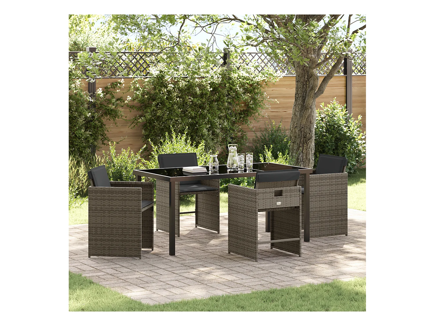 Set da pranzo da giardino 5 pezzi con cuscini grigi in polyrattan