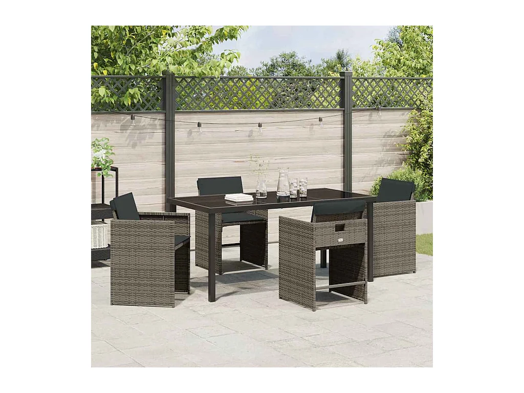 Set da pranzo da giardino 5 pezzi con cuscini grigi in polyrattan