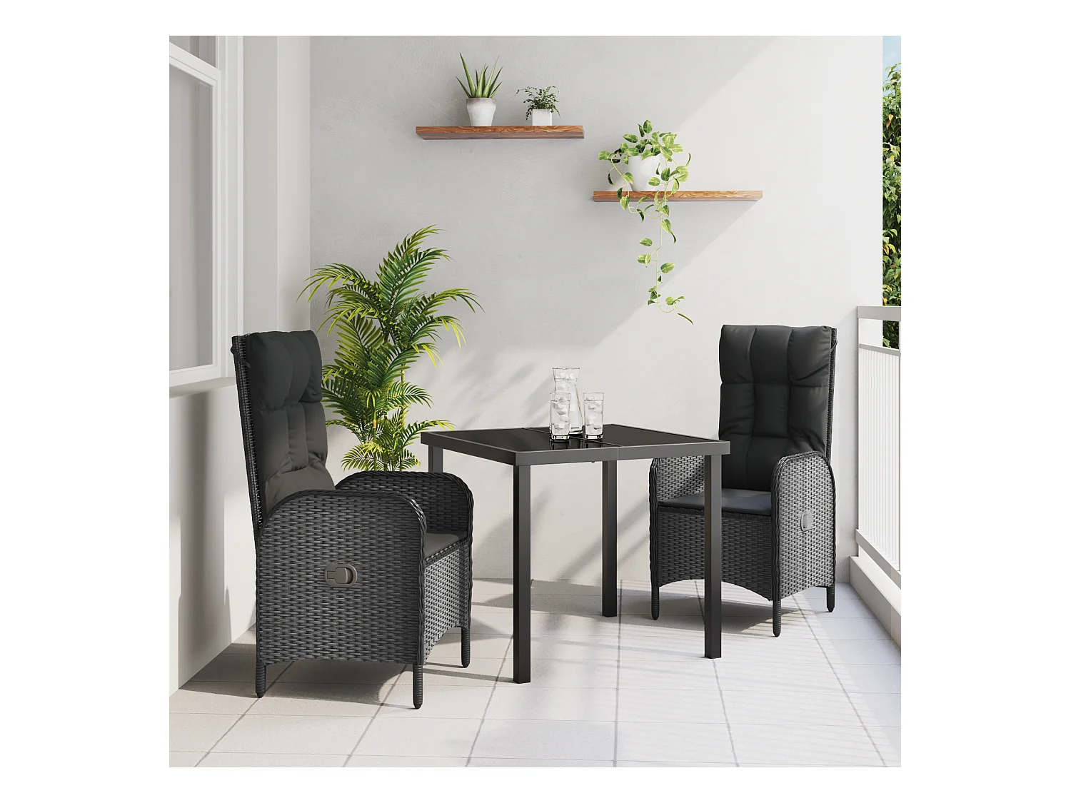 Set da pranzo da giardino in polyrattan nero da 3 pezzi