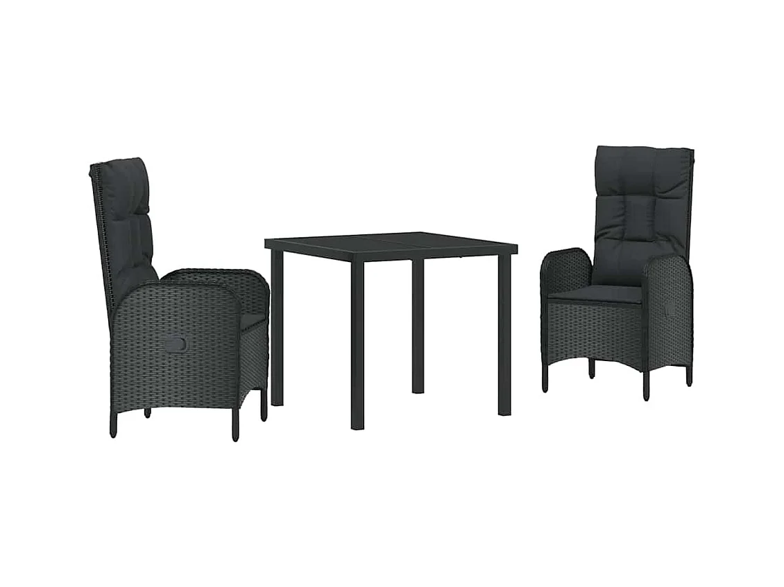 Set da pranzo da giardino in polyrattan nero da 3 pezzi