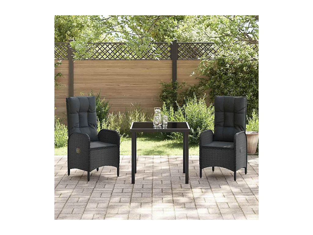 Set da pranzo da giardino in polyrattan nero da 3 pezzi