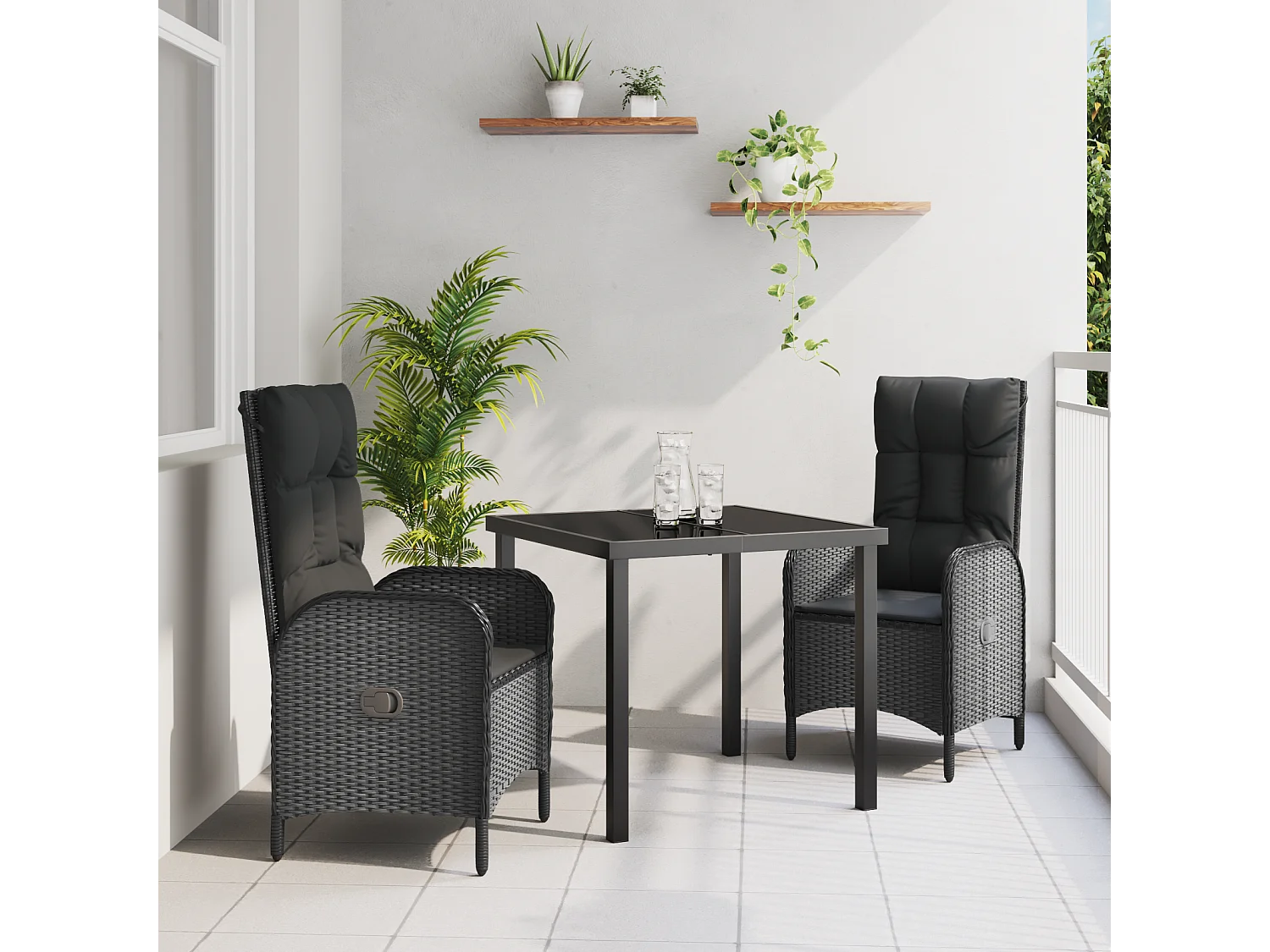 3-teiliges Garten-Essset aus schwarzem Polyrattan