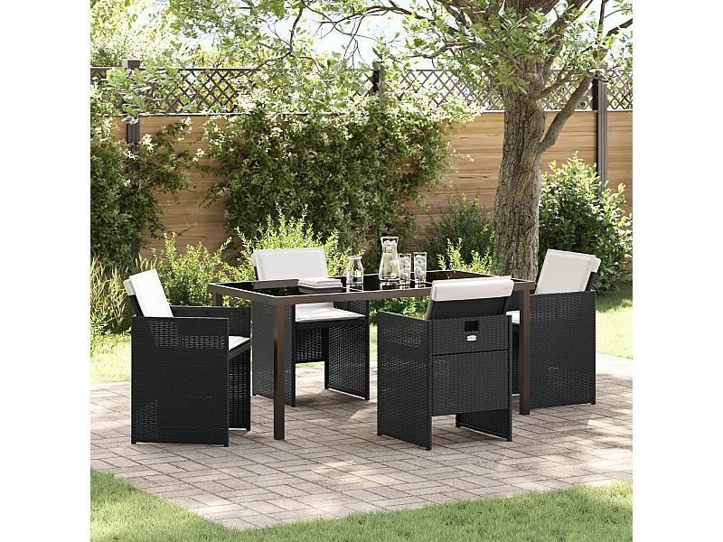 Ensemble de Salle à Manger de Jardin de 5 Pièces avec Coussins en Rattan Poly Noir