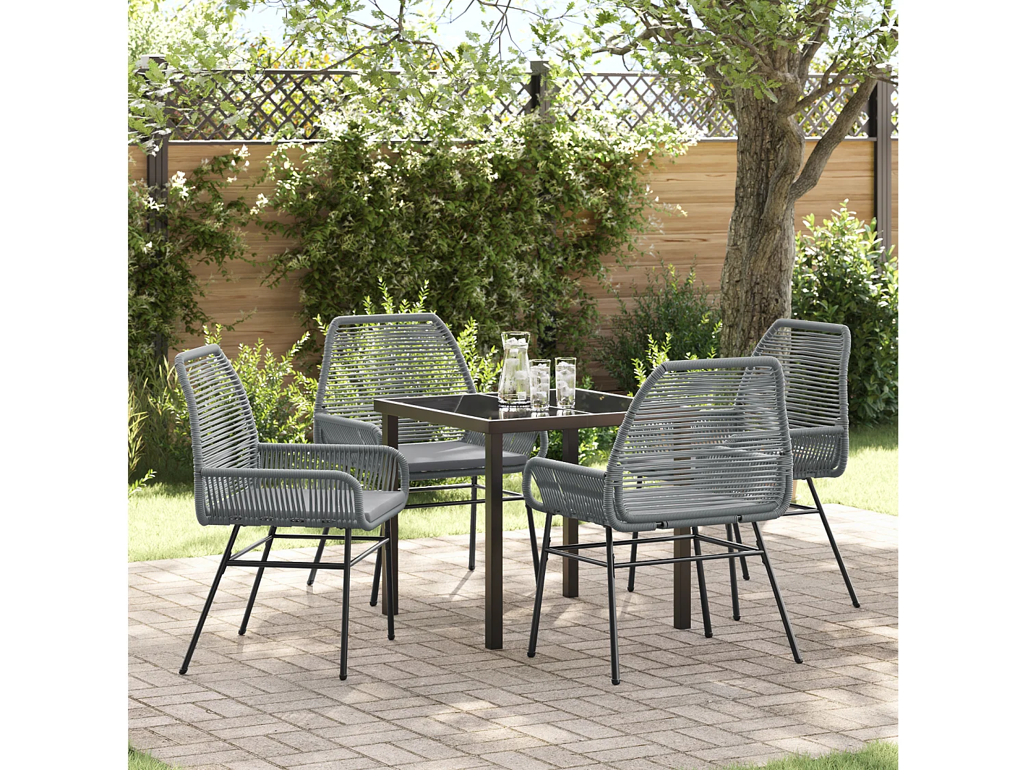 Juego de comedor de jardín de 5 piezas con cojines de ratán sintético gris