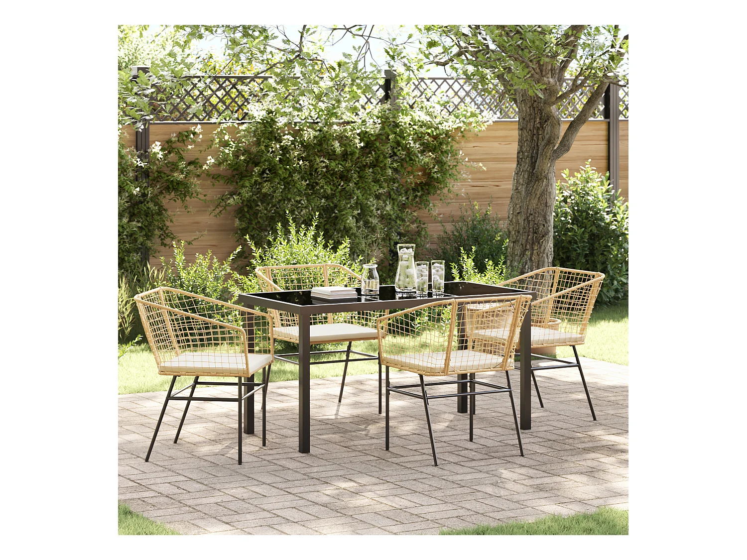Set da pranzo da giardino 5 pezzi con cuscini in polyrattan marrone