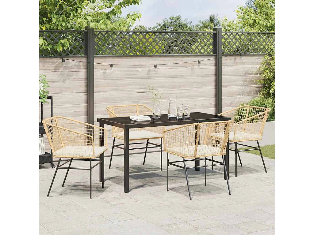 Ensemble de salle à manger de jardin de 5 pièces avec coussins marron en rattan poly