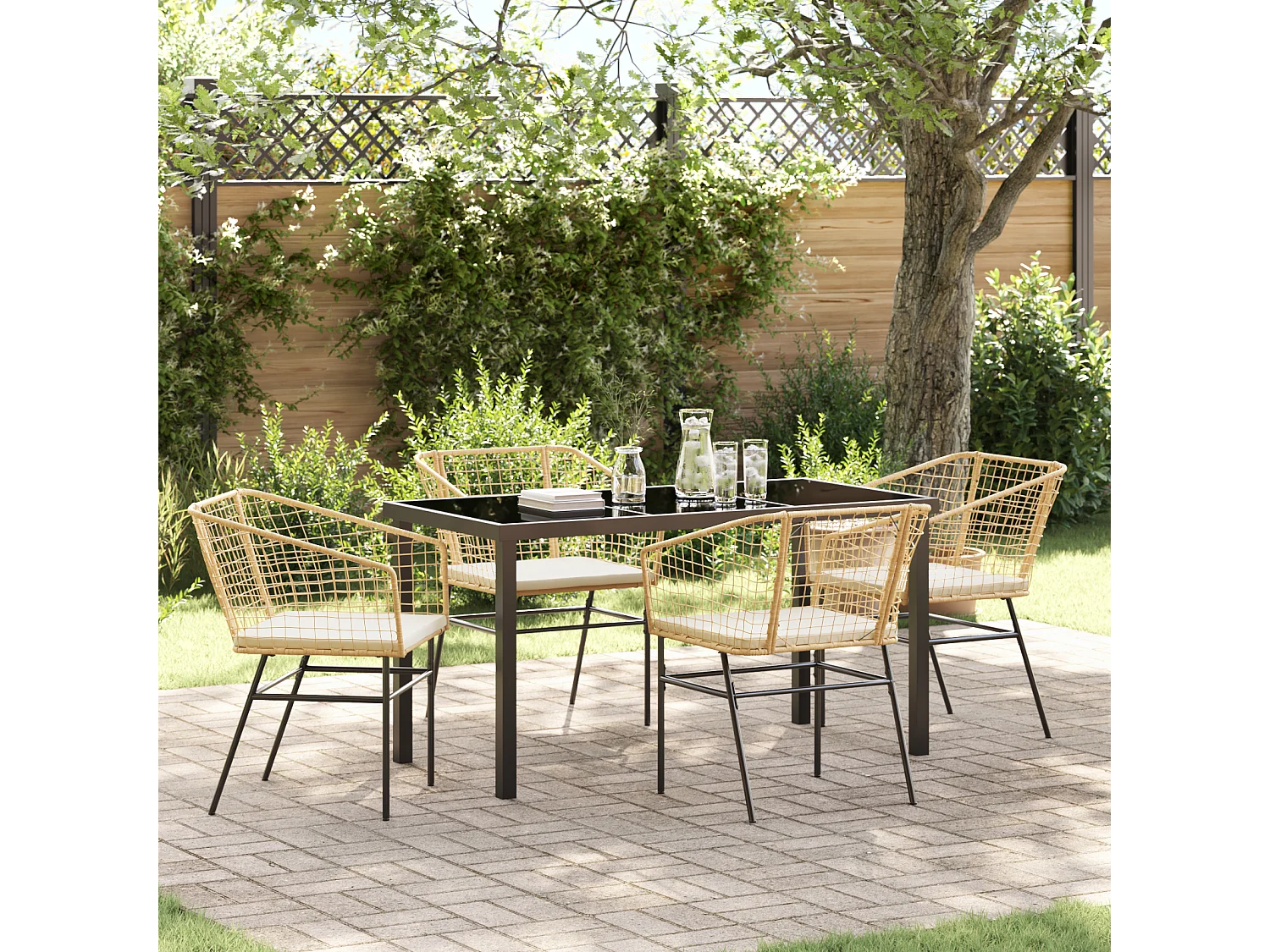 Ensemble de salle à manger de jardin de 5 pièces avec coussins marron en rattan poly
