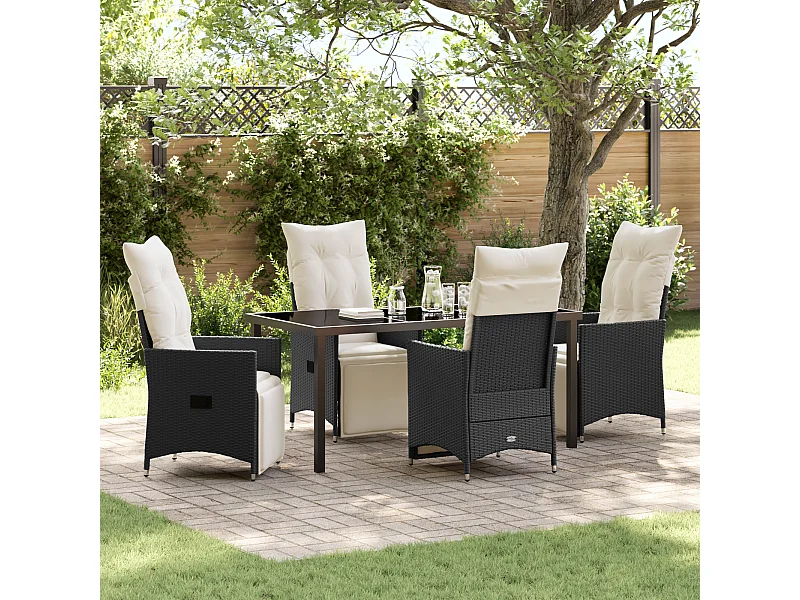 Ensemble de jardin 5 pièces avec coussins en poly rotin noir