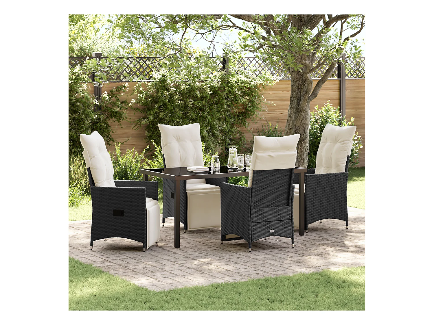 Ensemble de jardin 5 pièces avec coussins en poly rotin noir