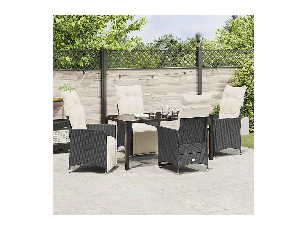 Ensemble de jardin 5 pièces avec coussins en poly rotin noir