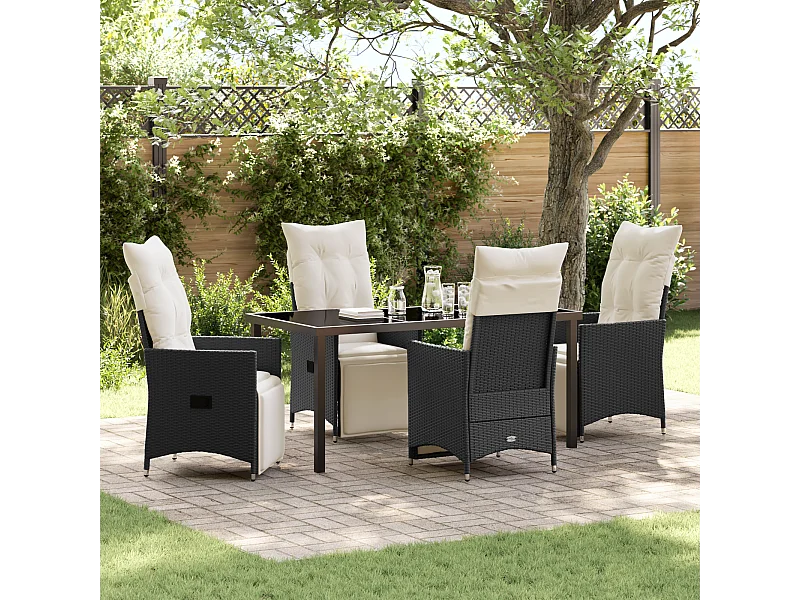 Ensemble de jardin 5 pièces avec coussins en poly rotin noir