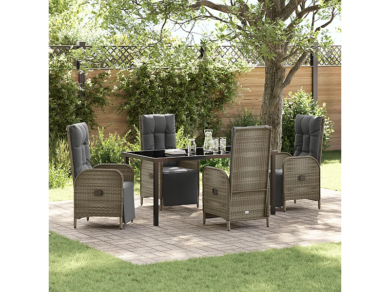 Set da pranzo da giardino da 5 pezzi con cuscini in polyrattan grigio