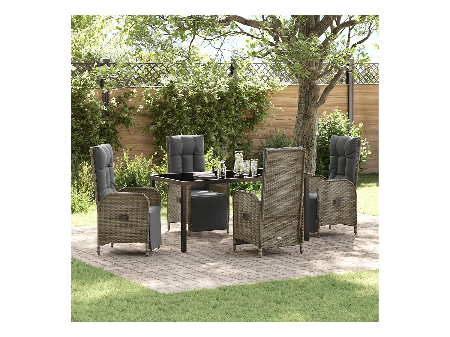 Set da pranzo da giardino da 5 pezzi con cuscini in polyrattan grigio