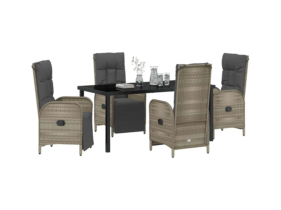 Set da pranzo da giardino da 5 pezzi con cuscini in polyrattan grigio