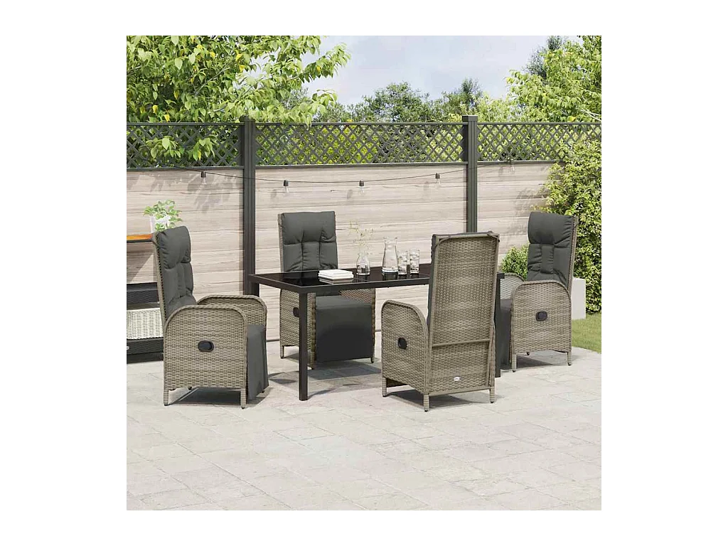 Set da pranzo da giardino da 5 pezzi con cuscini in polyrattan grigio