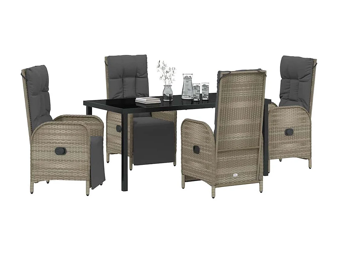 5-teiliges Garten-Essset mit grauen Polyrattan-Kissen