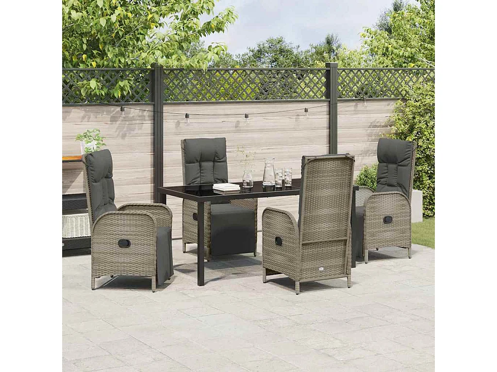 5-teiliges Garten-Essset mit grauen Polyrattan-Kissen